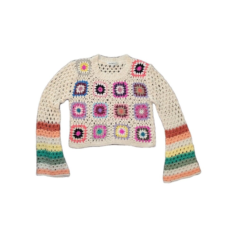 Granny Square Boho Crop Crotchet Bell Sleeve Top Wmn Size S Patchwork Floral